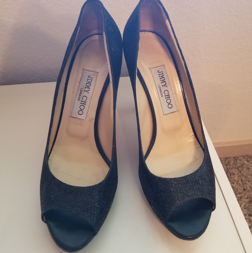 Jimmy Choo Black Coarse Glitter Platform Pumps